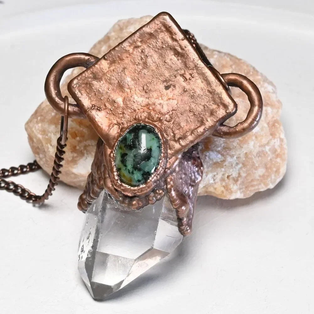 Copper Electroformed Diamond Green Jasper Quartz Crystal Necklace